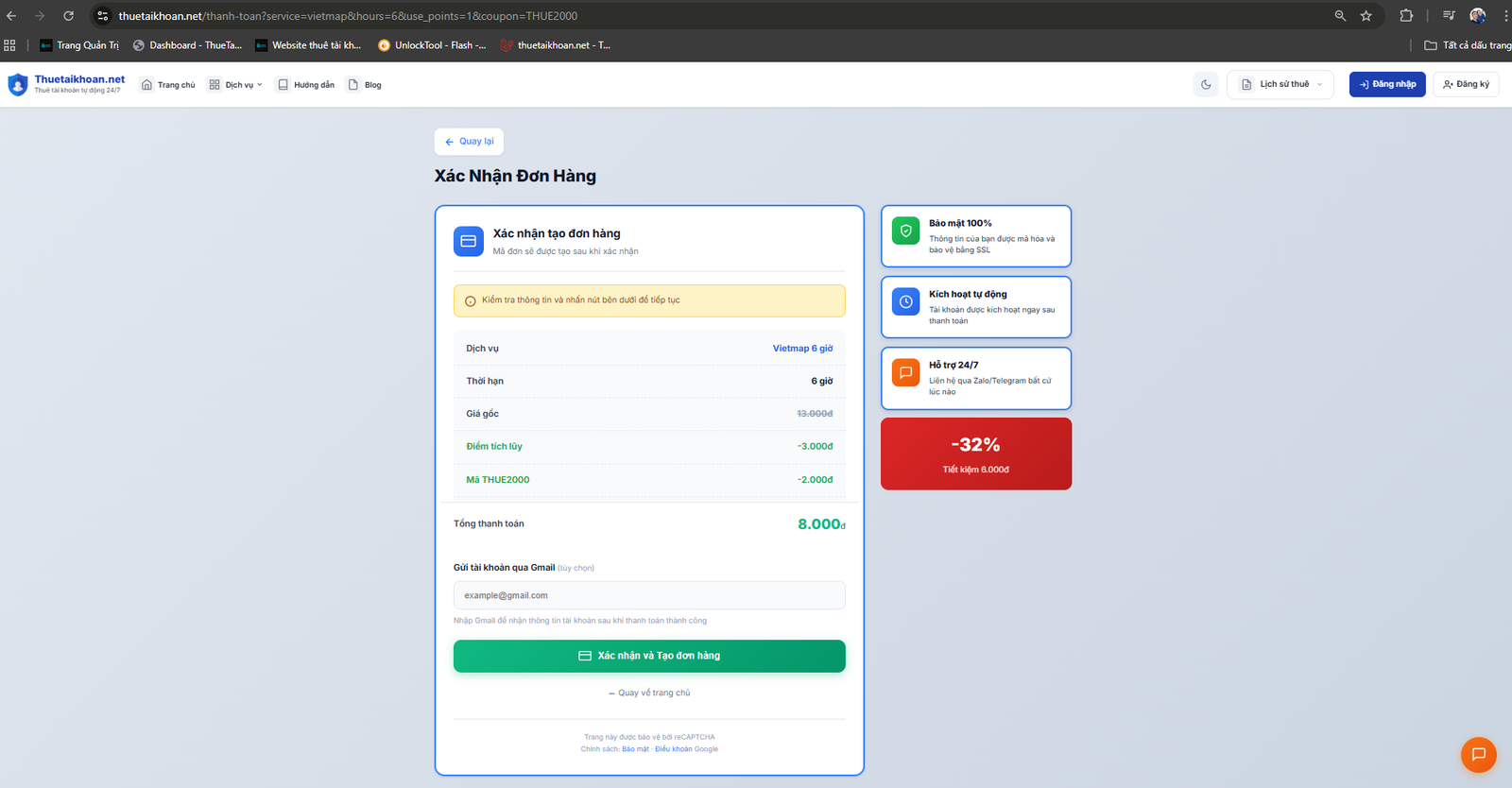 Xác nhận đơn hàng thuê Vietmap Live Pro tại Thuetaikhoan.net - bảo mật SSL 100%